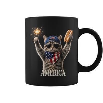 Retro America Cat Hot Dog Lovers Patriotic Fireworks Coffee Mug - Thegiftio UK