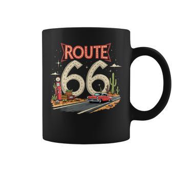 Ruta Retro Clásica 66 Escena Del Desierto Con Coche Rojo Clásico Manga Larga Taza de café - Regaloses