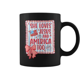 She Loves Jesus And America Too Faith Flag Fireworks Bow Coffee Mug - Thegiftio UK