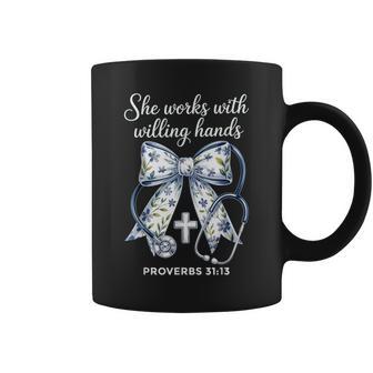 She Works With Hands Coquette Ribbon Faith Christian Nurse Coffee Mug - Thegiftio UK