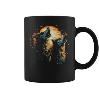 Tres Lobos Aullando En La Luna Dibujo De Tinta Wildlifealaska Manga Larga Taza de café - Regaloses