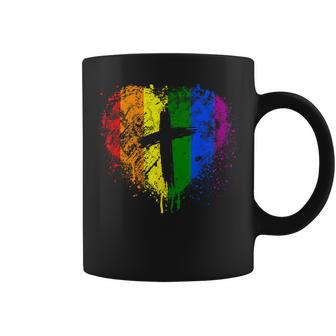 クロスのあるレインボー ハート、キリスト教の宗教的なゲイ プライド コーヒーマグ - Kawaiitshirt