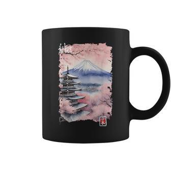 富士山 日本 桜 ヴィンテージ アニメ アート ピンク コーヒーマグ - Kawaiitshirt