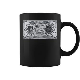 蛙の風神雷神デザイン 和風モノクロアート コーヒーマグ - Kawaiitshirt