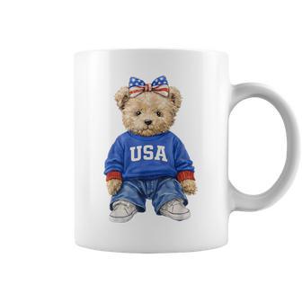 Cute Patriotic Bear Usa 4Th Of July American Coquette Bow Coffee Mug - Thegiftio UK
