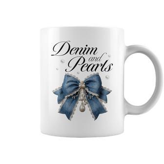 Denim And Pearls Coquette Bow Ladies Coffee Mug - Thegiftio UK