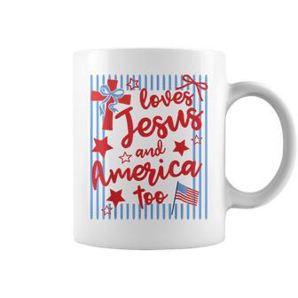 Loves Jesus And America Too 4Th Of July Christian Stripes Coffee Mug - Thegiftio UK