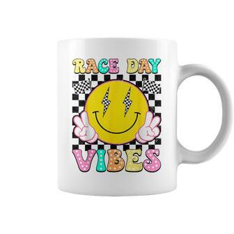 Race Day Vibes Checkered Flag Happy Face Car Racing Racer Coffee Mug - Monsterry