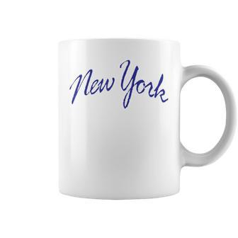 Retro New York Ny Blue Vintage Orange Script Coffee Mug - Thegiftio UK