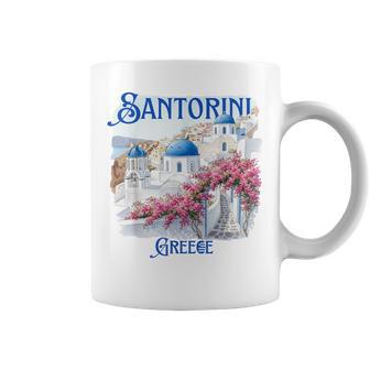 Santorini Greece Blue Domes Pink Flowers Souvenir Coffee Mug | Mazezy