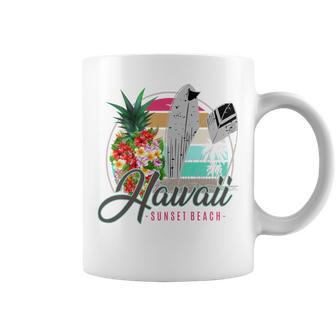 Sunset Beach Hawaii、サーフィンサーフボードレトロ、バックプリント 長袖tシャツ コーヒーマグ - Kawaiitshirt