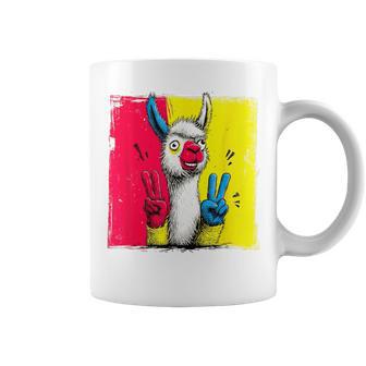 ラマ ダブルピース レトロ ポップ キャラクター グラフィック サイン ジェスチャー コーヒーマグ - Kawaiitshirt