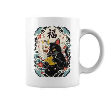 日本の浮世絵 黒子猫 鬼 マスク 魚 ハッピーチャンス アート コーヒーマグ - Kawaiitshirt