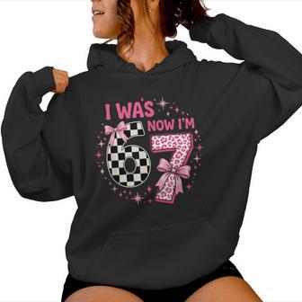 7Th Birthday Girl I Was 6 Now I'm 7 Coquette Bow Women Hoodie | Mazezy