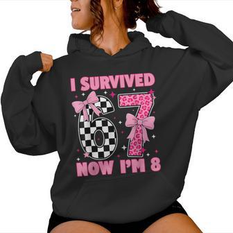 8Th Birthday Girl I Survived 6 7 Now I’M 8 Coquette Bow Bday Women Hoodie - Thegiftio