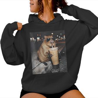 Capybara Drinking Iced Coffee Animal Meme Women Women Hoodie - Monsterry