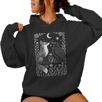 Celestial Floral Fox & Crow Moon Astrology Wildlife Nature Women Hoodie - Monsterry