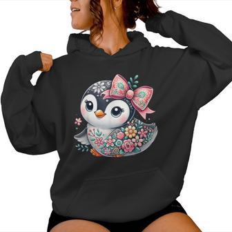 Cute Penguin Floral Flower Graphic Penguin Lover Girls Women Women Hoodie - Monsterry