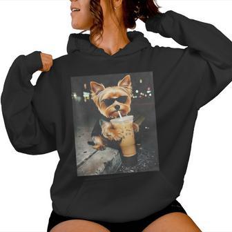 Yorkie Drinking Iced Coffee Cute Dog Meme Humor Women Hoodie - Thegiftio UK