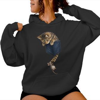Gato Divertido Jugando Con Un Ratón Gato En Bolsillo Para Hombres Es Y Niños In Mangas Sudadera con capucha para mujer - Regaloses