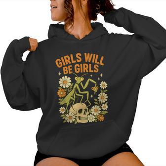 Girl Will Be Girls Praying Mantis Retro Halloween Women Hoodie - Thegiftio UK