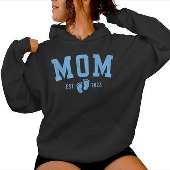 Mom Est 2026 Blue Baby Feet First Time Boy Mommy Women Hoodie | Mazezy