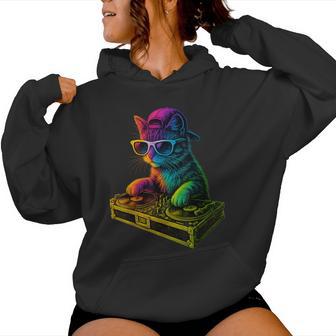 Rainbow Dj Cat Kitty House Music Turntable Women Hoodie | Mazezy