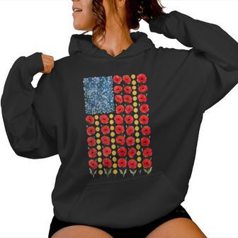 Red Poppy Flower American Flag Memorial Day Poppies Women Hoodie | Mazezy