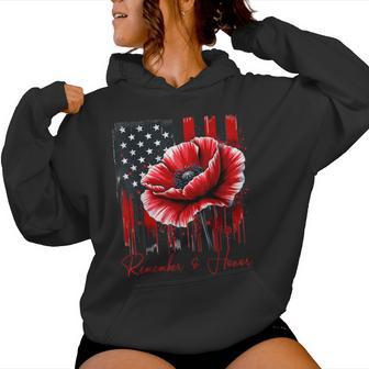 Red Poppy Flower Memorial Day Veterans Day American Flag Women Hoodie - Thegiftio UK