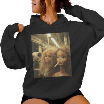 Retro Distressed Doll Smoking Meme Sarcastic Graphic Women Hoodie - Thegiftio UK