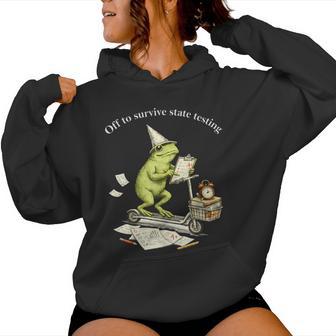 Teacher Frog Scooter Off To Survive State Testing Test Day Women Hoodie - Thegiftio UK