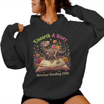 Unearth A Story Summer Library Reading 2026 Dino Floral Book Women Hoodie - Thegiftio