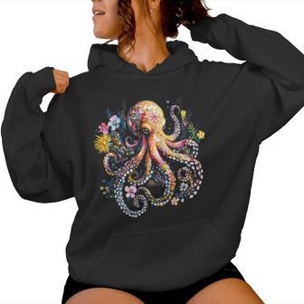 Vintage Floral Octopus Marine Biologist Ocean Sea Animal Women Hoodie - Monsterry