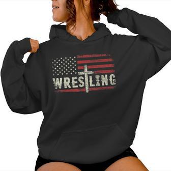 Wrestling Patriotic American Flag Cross Christian Wrestler Women Hoodie - Monsterry