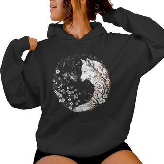 Yin Yang Of White And Black Wolves With Flower Wolf Lover Women Hoodie - Monsterry