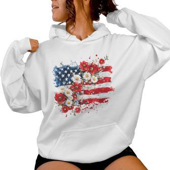 4Th Of July Floral American Flag Wildflowers Patriotic Women Hoodie | Seseable UK