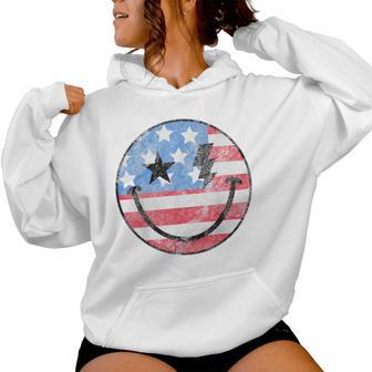 Happy 4Th Of July Groovy Smile Face Red White Blue Usa Flag Women Hoodie - Thegiftio UK