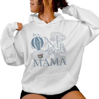 Mama Of Mr Onederful Hot Air Balloon Blue 1St Birthday Boy Women Hoodie - Thegiftio UK