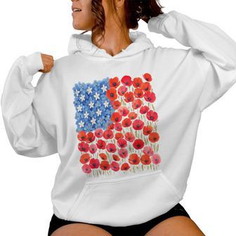 Patriotic Poppies & Hydrangeas Flowers In Floral Us Flag Women Hoodie - Thegiftio UK