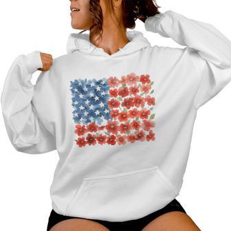 Red Poppy Flower American Flag Memorial Day Floral July 4Th Women Hoodie - Thegiftio UK