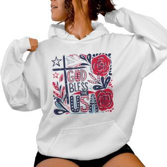 Retro Boho Floral God Bless The Usa Christian 4Th Of July Women Hoodie - Thegiftio UK