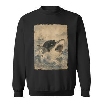 Black Cat Biting Shark Anime Graphic Cool Japanese Sweatshirt | Seseable UK