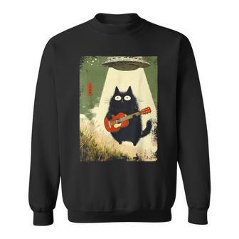 Black Cat Playing Guitar Abducted Alien Ufo Japanese Sweatshirt - Thegiftio UK