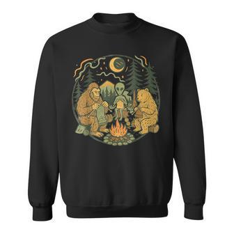 Campfire Knitting Friends Retro Bigfoot Alien Bear Knitting Sweatshirt - Thegiftio UK