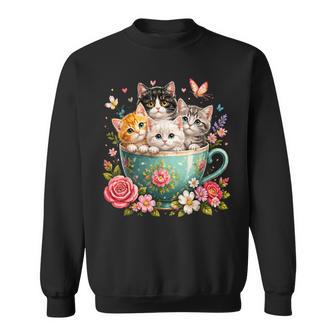 Cute Kittens In Teacup Flowers Cat Sweatshirt - Thegiftio UK