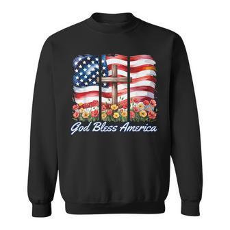 God Bless America Flag Cross Flowers Patriotic 4Th Of July Sweatshirt - Thegiftio UK
