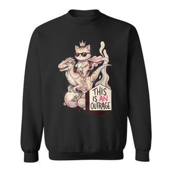 This Is An Outrage Cat Riding Raptor Dinosaur Crown Sweatshirt - Thegiftio UK