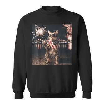 Patriotic Cat American Flag Fireworks 4Th Of July Sweatshirt - Thegiftio UK