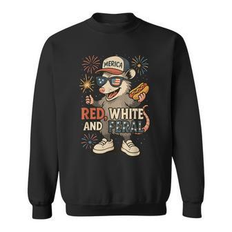 Red White And Feral Fireworks Opossum 4Th Of July Patriotic Sweatshirt - Thegiftio UK