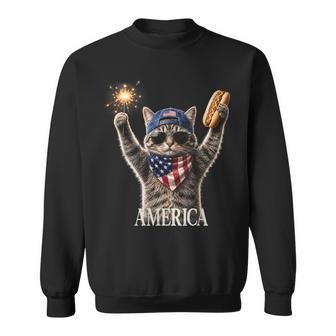 Retro America Cat Hot Dog Lovers Patriotic Fireworks Sweatshirt - Thegiftio UK